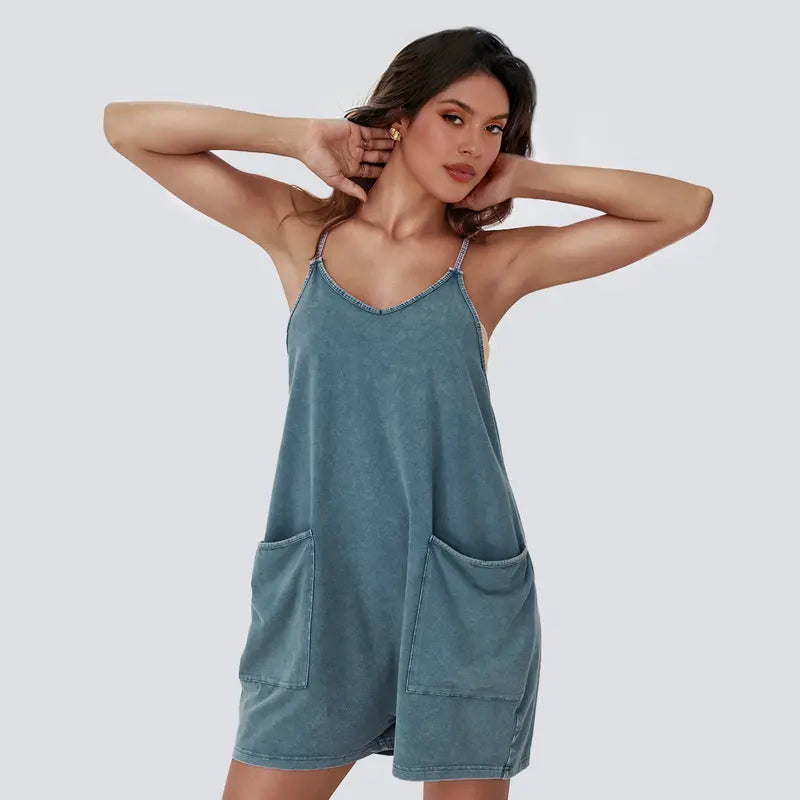 AUTOMET Women's Minimalist Acid Wash Cotton Blend Jumpsuit, Casual Comfy Spaghetti Strap Summer Romper with Pockets, Fashion Apparel, Clothes Products, Women's Clothes, Minimalist Vibe, One-Piece Romper Ease