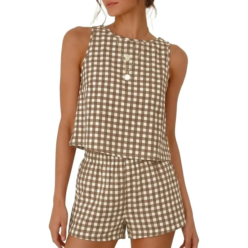 IDEALSANXUN Women's Cute 2-Piece Casual Knit Set - Ribbed Knit Gingham Tank Top with Button Accent, Matching Checkered Shorts, Cropped, Soft Lightweight Cotton, Elastic Waist, Summer Beach Outfit, Two Piece Sets