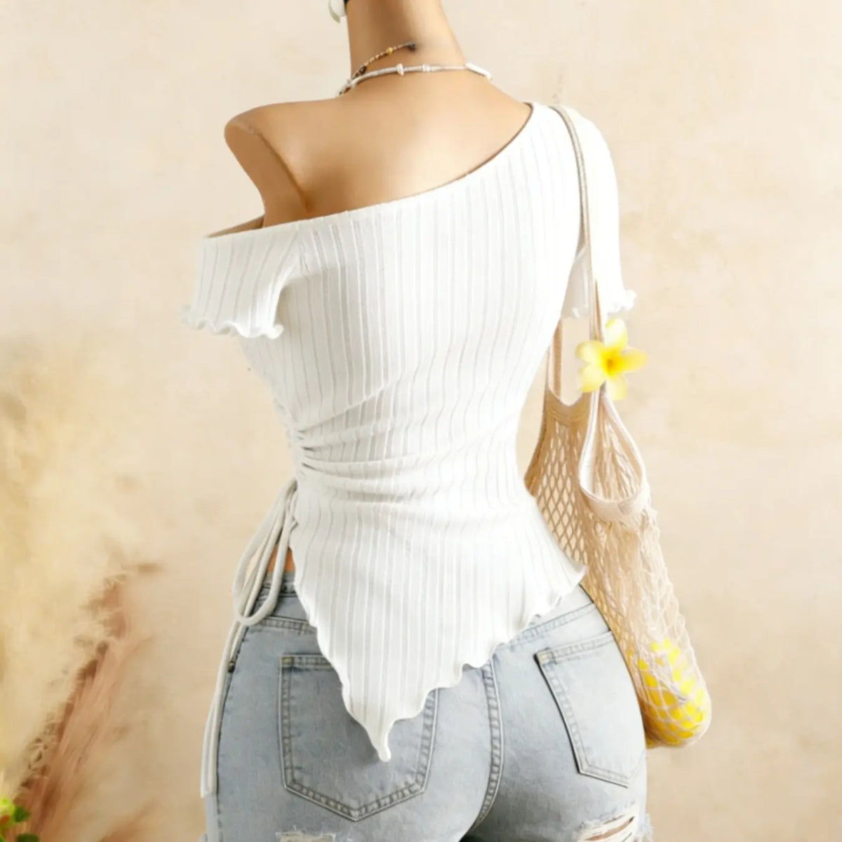 Fashion Asymmetrical Shoulder Top for Women, Womenswear Knitted Ribbed Hem Short Sleeve T-Shirt with Adjustable Side Tie, Stylish Casual Wear, Lady