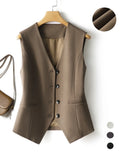 Women's V-Neck Button Gilet, Button Front Vest, Short Elegant Vest for Spring & Fall, Casual Plain Surface Outerwear, Fashionable Slim Fit Top