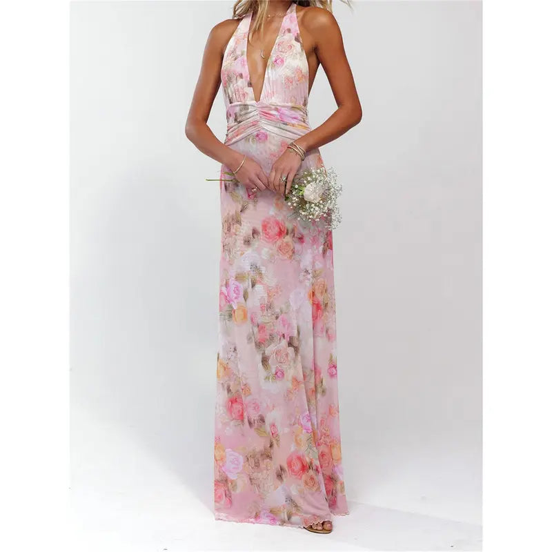 Women Long Dress, Sleeveless Halter Dress Backless Flower/Dots Print Summer Cocktail Dress Womenswear Feminine Formal Light