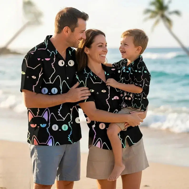 Men's Unisex Holographic Neon Outline Black Cat Print Hawaiian Shirt - Black Base, Short Sleeve Camp Collar, Soft Fabric, Relaxed Cut, Button Closure, Crew Neck, Flat Aloha Top for Pet Lovers' Summer Beach Holidays