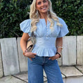Women's Light Blue Puff Sleeve Peplum Blouse, Front Button Detail, Pleated Chest, Elastic Waist, Ruffled Hem, Soft Breathable Fabric, Coquette Aesthetic, Casual Elegant Ruffle, Slim Fit for Casual Daily Wear and Office, Casual Shirts, Button Closure Top
