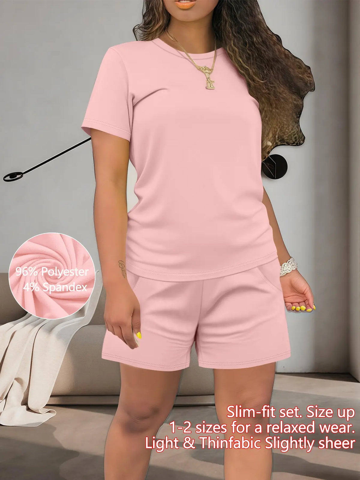 Women's Summer Casual Basic Set, Polyester Spandex, Regular-Fit Short-Sleeve Top & Shorts, Plain Color, Comfortable for Daily Wear, Outfit, Clothes