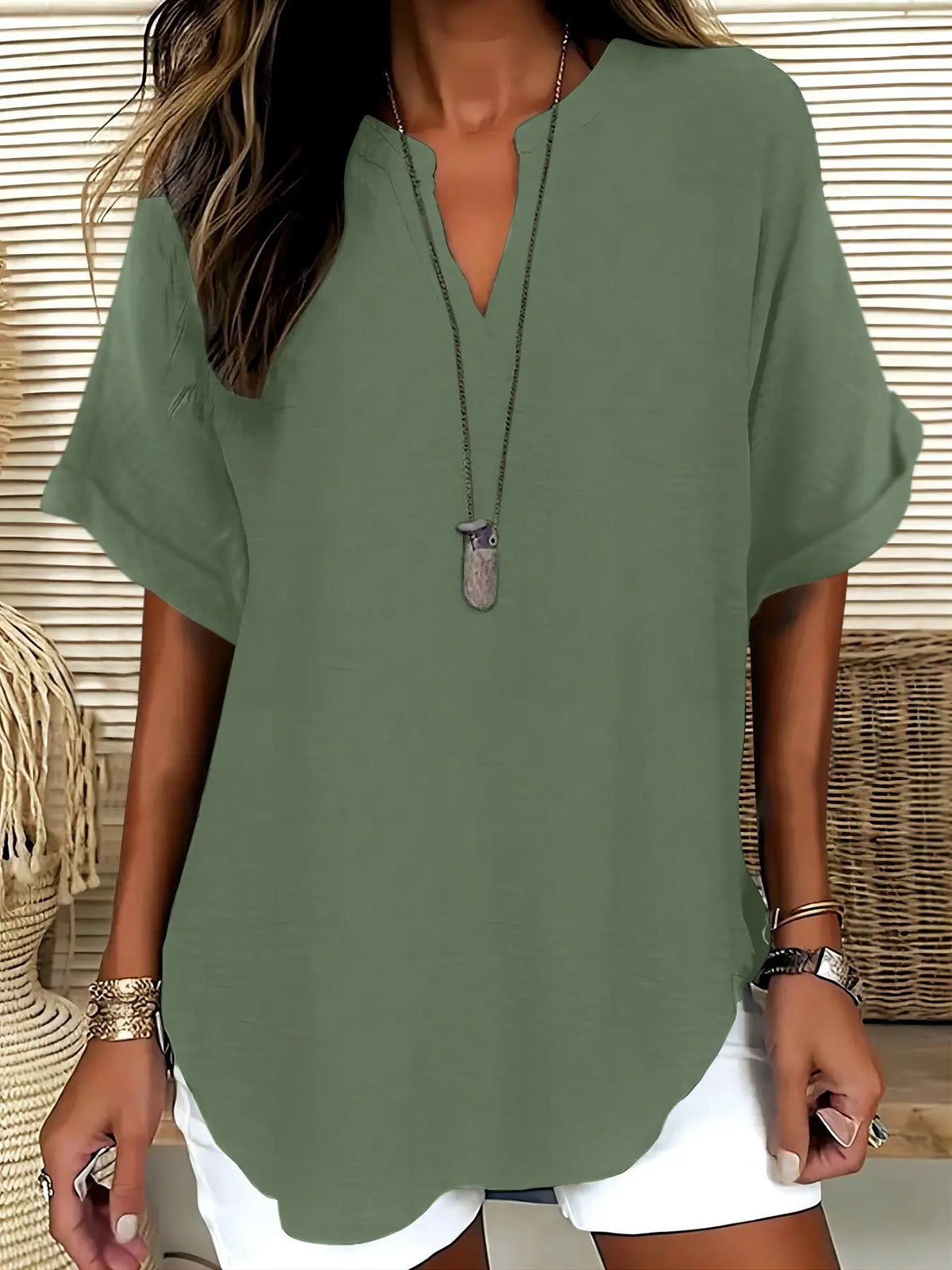 Women's Simple Basic Vintage Elegance Solid V-Neck Short Sleeve Batwing Shirt Blouses, Casual Loose-Fitting Lightweight Pullover, 100% Polyester, All Seasons Fashion Top Minimalist, Casual Daily Tops