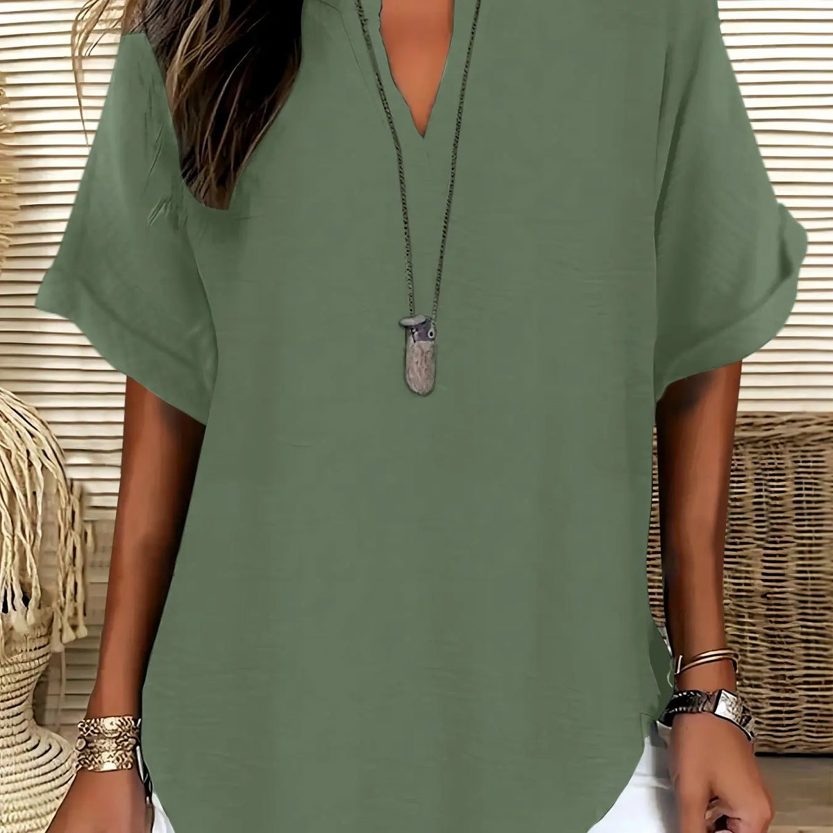 Women's Simple Basic Vintage Elegance Solid V-Neck Short Sleeve Batwing Shirt Blouses, Casual Loose-Fitting Lightweight Pullover, 100% Polyester, All Seasons Fashion Top Minimalist, Casual Daily Tops