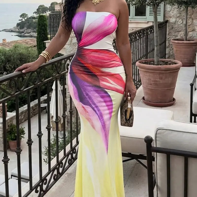 CHICME Women's Lady's Tube Style Vibrant Floral Print Woven Strapless Lightweight Skinny Bodycon Mermaid Maxi Dress - Comfortable, Shawl-Included, Casual Wear for Evening Resort Use