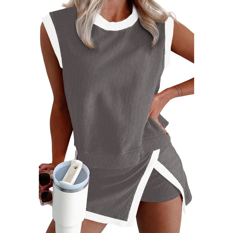 EVALESS Women's 2-Piece Sets Casual Crewneck Ribbed Sleeveless Knit Top & Split Lined Skirt Two Pieces Soft Matching Set Basic Summer Outfits 2026 WOmenswear SummerVibes  Deals For You Days summer outfits High Waisted Style Clothes Elastic Athletic Suits