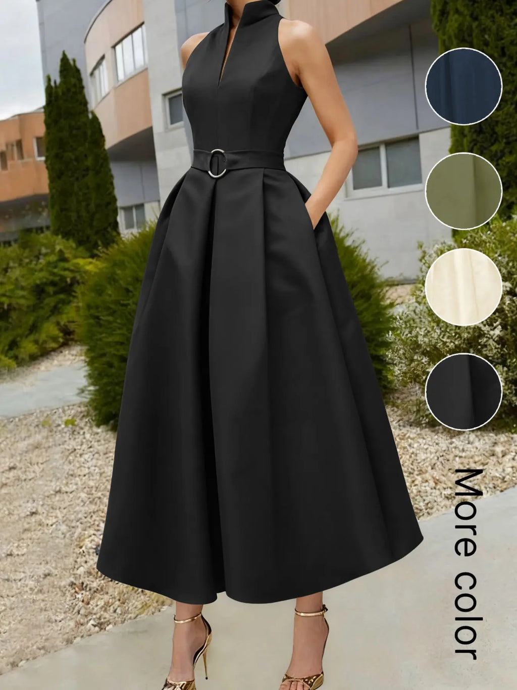 Elegant Chic Women's Party Dress Formal Wear, Solid Tie-Waist A-Line Skirt, Spring Summer New, Sleeveless V-Neck Commuter Dress for Urban Style, Elegant Minimalist Dress