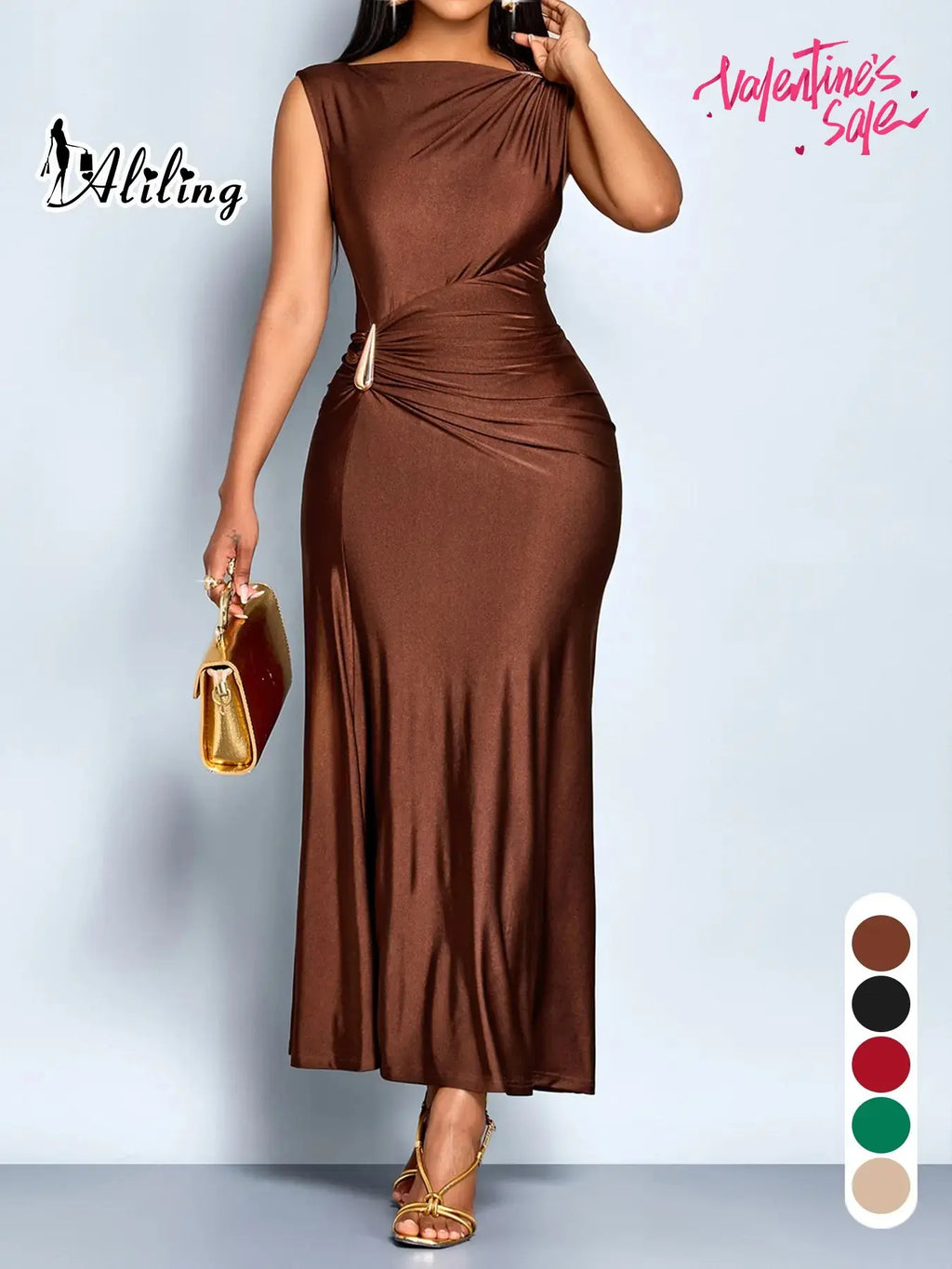 Aliling Elegant Chic Sleeveless Midi Dress for Women High Waist Folds Boat Neck Bodycon Fitted Solid Female Formal Evening Sexy Clothing Dresses for Party Perfect for Party and Dates Elegant Chic Gown Elegant Fashion Dress