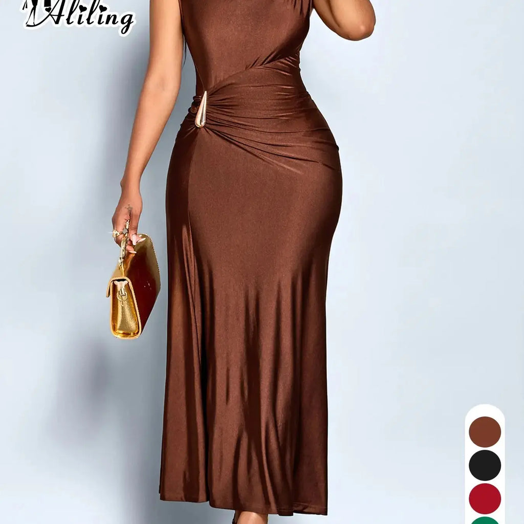 Aliling Elegant Chic Sleeveless Midi Dress for Women High Waist Folds Boat Neck Bodycon Fitted Solid Female Formal Evening Sexy Clothing Dresses for Party Perfect for Party and Dates Elegant Chic Gown Elegant Fashion Dress