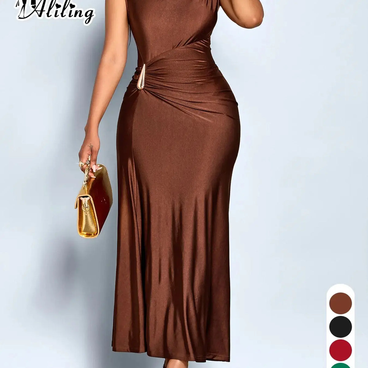 Aliling Elegant Chic Sleeveless Midi Dress for Women High Waist Folds Boat Neck Bodycon Fitted Solid Female Formal Evening Sexy Clothing Dresses for Party Perfect for Party and Dates Elegant Chic Gown Elegant Fashion Dress