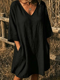 Elegant V-Neck Top, Loose Long Sleeve with Large Pockets, Breathable Linen Texture, Casual Summer Shirt for Women, Comfortable and Stylish