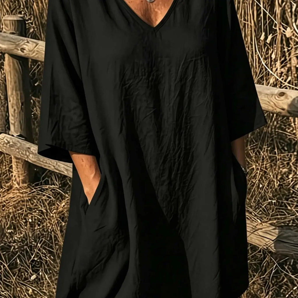 Elegant V-Neck Top, Loose Long Sleeve with Large Pockets, Breathable Linen Texture, Casual Summer Shirt for Women, Comfortable and Stylish