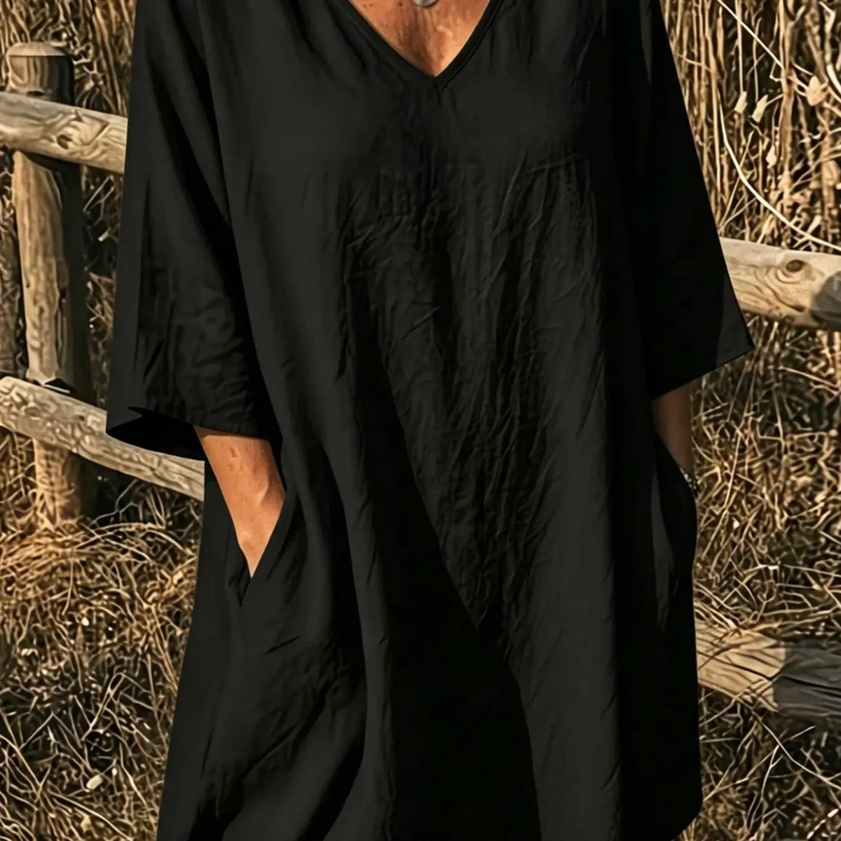 Elegant V-Neck Top, Loose Long Sleeve with Large Pockets, Breathable Linen Texture, Casual Summer Shirt for Women, Comfortable and Stylish