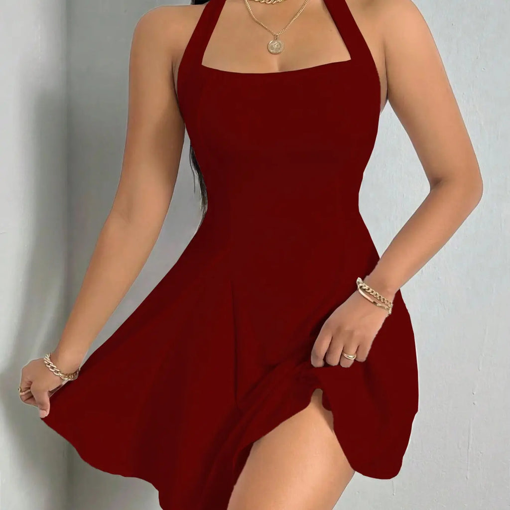 Women's Solid Color Sleeveless Halter Dress, Womenswear, Sexy Fashion Casual Short Dress for Party Evening Club Dating Wear, Ladies Dress for Summer Club Dresses