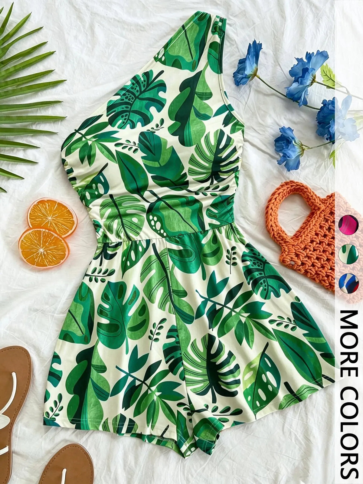 Women's Multicolor Tropical Print One-Shoulder Short Romper, Elastic Waist, Stylish Summer Beach Casual Wear
