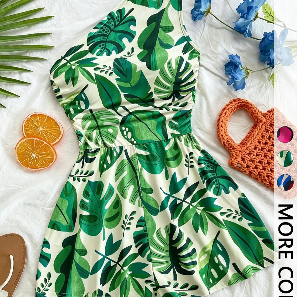 Women's Multicolor Tropical Print One-Shoulder Short Romper, Elastic Waist, Stylish Summer Beach Casual Wear