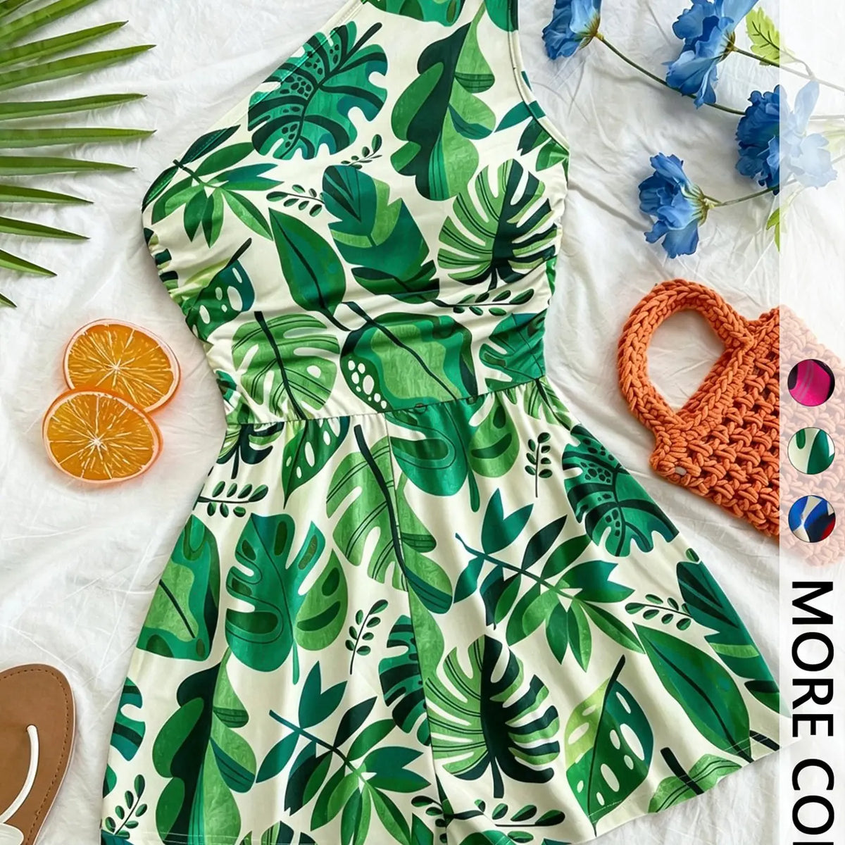 Women's Multicolor Tropical Print One-Shoulder Short Romper, Elastic Waist, Stylish Summer Beach Casual Wear