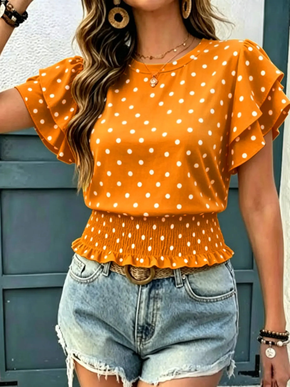 Women's Casual Polka Dot Ruffled Hem Short Sleeve Round Neck Top, Summer Fashion Blouse, Comfortable and Stylish Top for Daily Wear