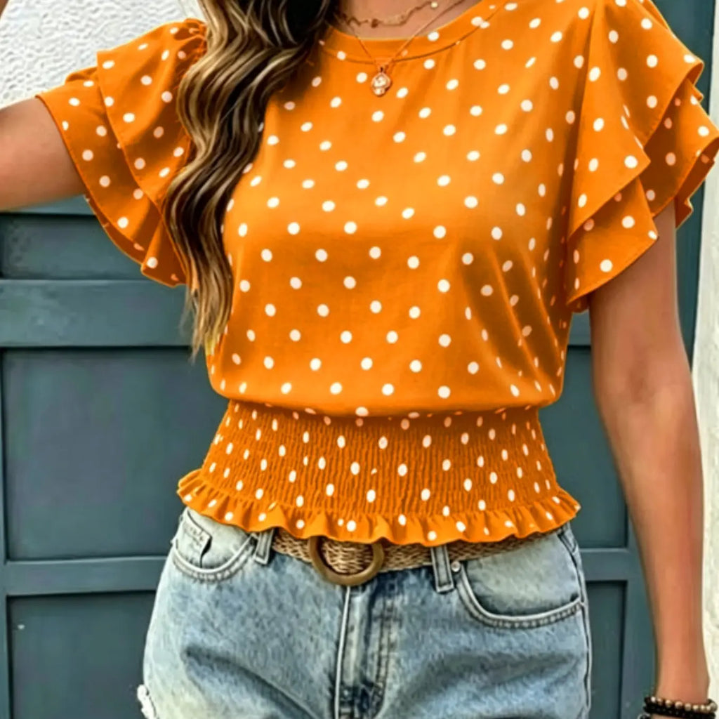 Women's Casual Polka Dot Ruffled Hem Short Sleeve Round Neck Top, Summer Fashion Blouse, Comfortable and Stylish Top for Daily Wear