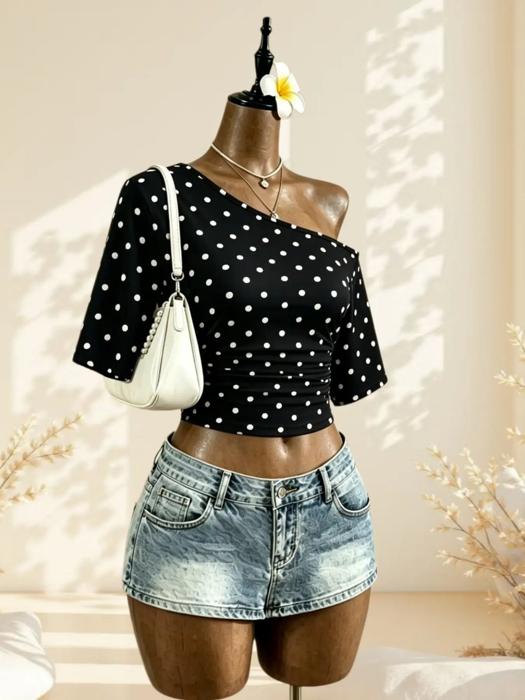 Sweet Cool Girl Casual Cute Summer Asymmetrical Shoulder Pleated Short Sleeve Top, Polka Dot Design Slim Fit Casual T-Shirt for Women