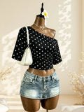 Sweet Cool Girl Casual Cute Summer Asymmetrical Shoulder Pleated Short Sleeve Top, Polka Dot Design Slim Fit Casual T-Shirt for Women