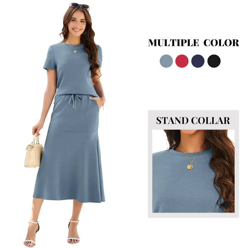 Casly Lamiit Women's 2-Piece Soft Fabric Crew Neck Cap Sleeve Top & Drawstring Midi Skirt Set with Pockets, Summer Lounge Basics Outfits