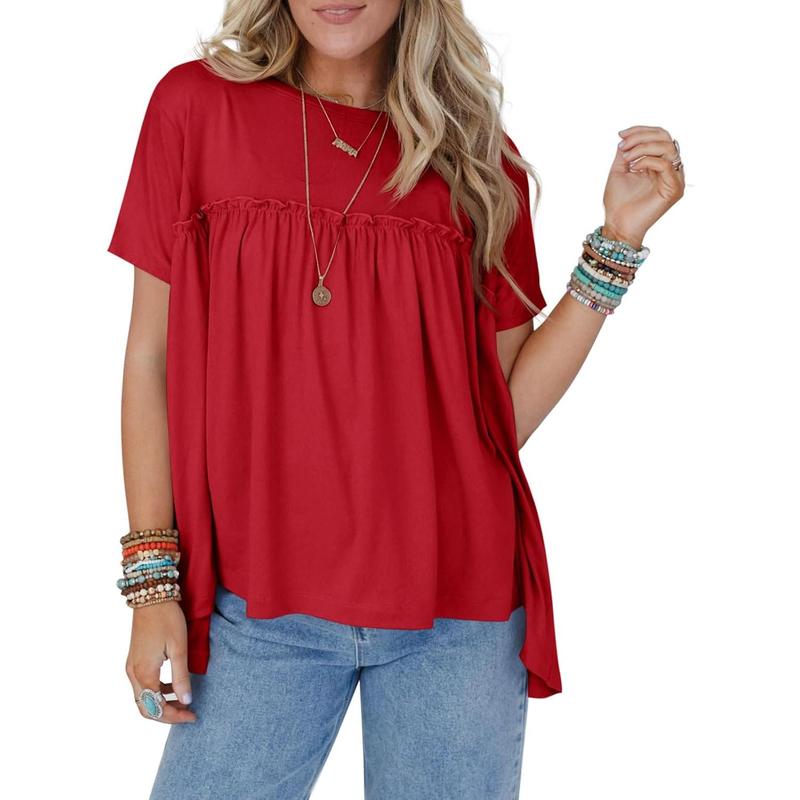 Imily Bela Womens Summer Babydoll Tunic Tops Pleated Short Sleeve Crew Neck Peplum T Shirts Casual Loose Fit Outfits Womenswear Blouse church outfit Breathable Chic