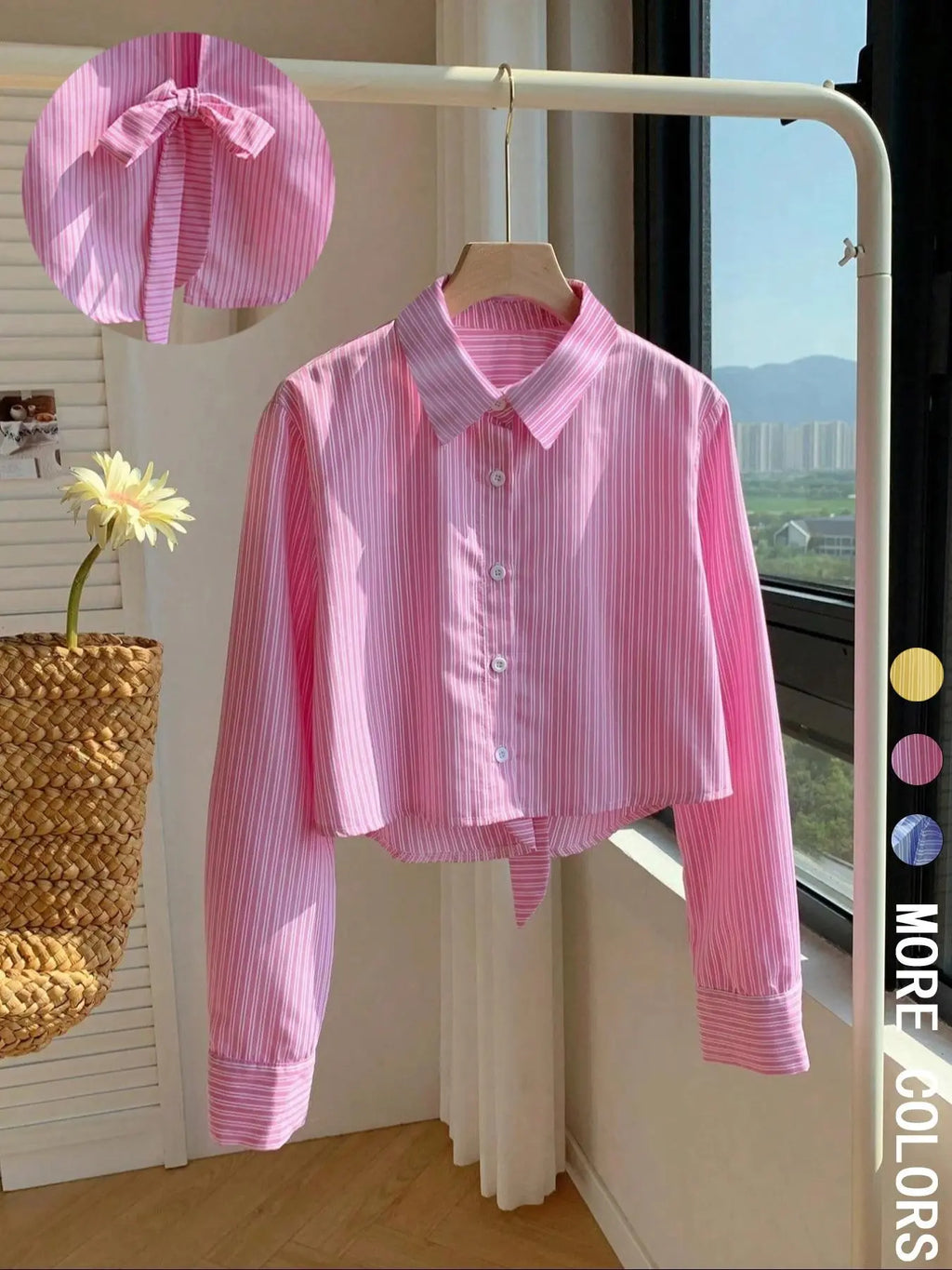 Women's Striped Print Shirt Blouse, Casual Long Sleeve Collared Top for Daily Wear, Casual Daily Tops, Ladies Clothes for All Seasons, Knot Button