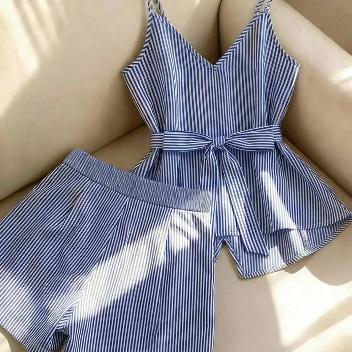 Women's Spaghetti Strap V Neck Tie Waist Top & High Waist Wide-Leg Shorts 2 Piece Set, Blue & White Striped Print Matching Outfit, Casual Co-ord Set for Beach, Vacation, Date Night & Daily Wear, Trendy Aesthetic Summer Wear Lightweight Ladies Clothes
