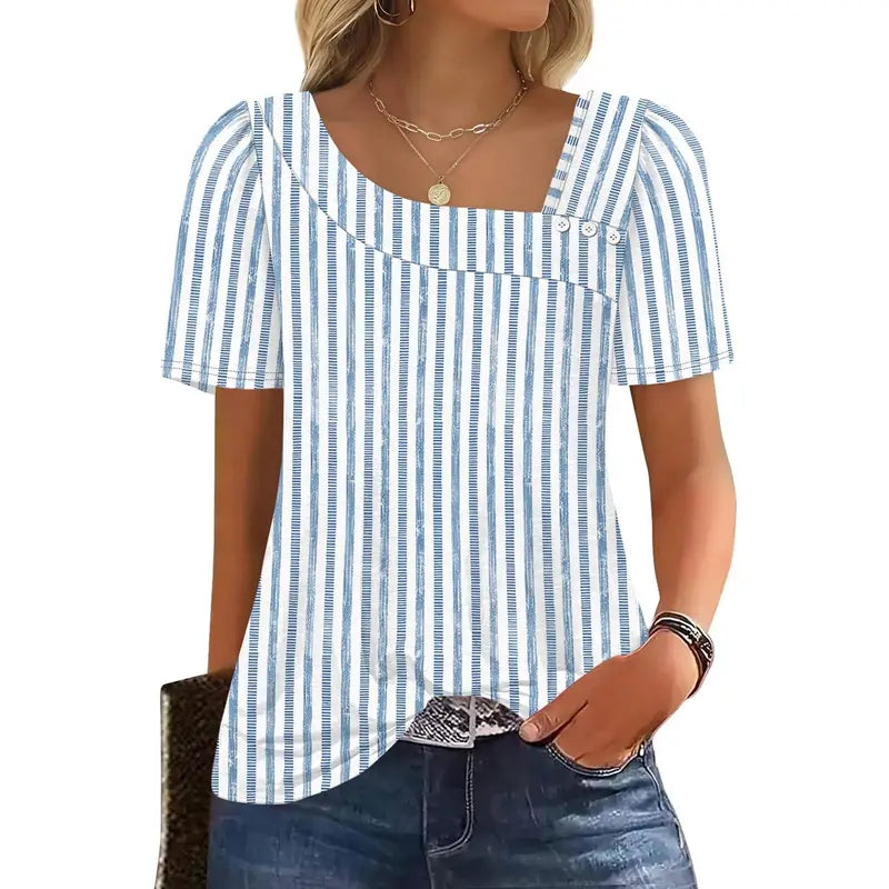 WIHOLL Women's Striped Short-Sleeve Boat Neck Blouse - Elegant Dressy Casual Loose-Fit Top with Button Detail, Soft Stretch Polyester Blend, Chic Aesthetic Blouses & Shirts, Check Size Chart, Back-to-School Outfits