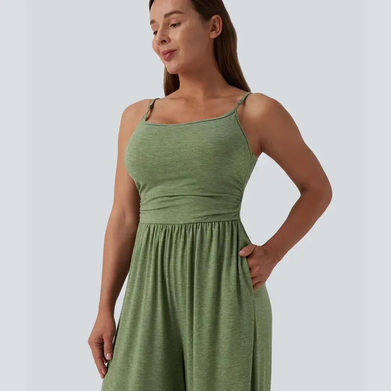 Halara Adjustable Straps Ruched Wide Leg Heathered Casual Jumpsuit with Pockets-Easy Peezy