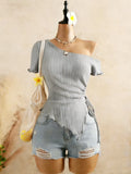 Fashion Asymmetrical Shoulder Top for Women, Womenswear Knitted Ribbed Hem Short Sleeve T-Shirt with Adjustable Side Tie, Stylish Casual Wear, Lady