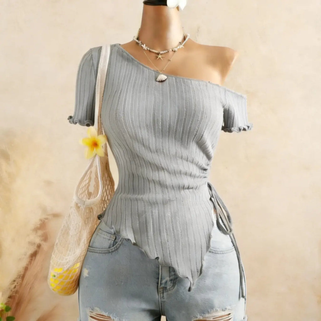 Fashion Asymmetrical Shoulder Top for Women, Womenswear Knitted Ribbed Hem Short Sleeve T-Shirt with Adjustable Side Tie, Stylish Casual Wear, Lady