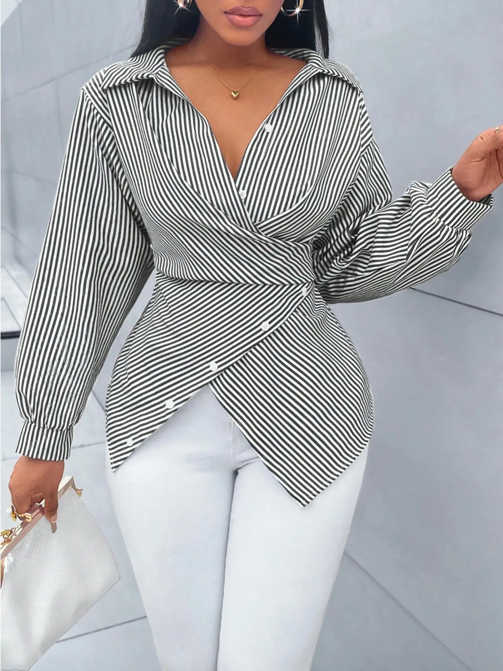Women's Striped Print Button Front Shirt, Button Closure Shirt, Asymmetrical Shirts, Asymmetrical Hem ,Wrap Blouse,Fall Outfits,Long Sleeve,Winter Clothing,Elegant,Chic,Daily Commuting,Going Our,Casual, Top