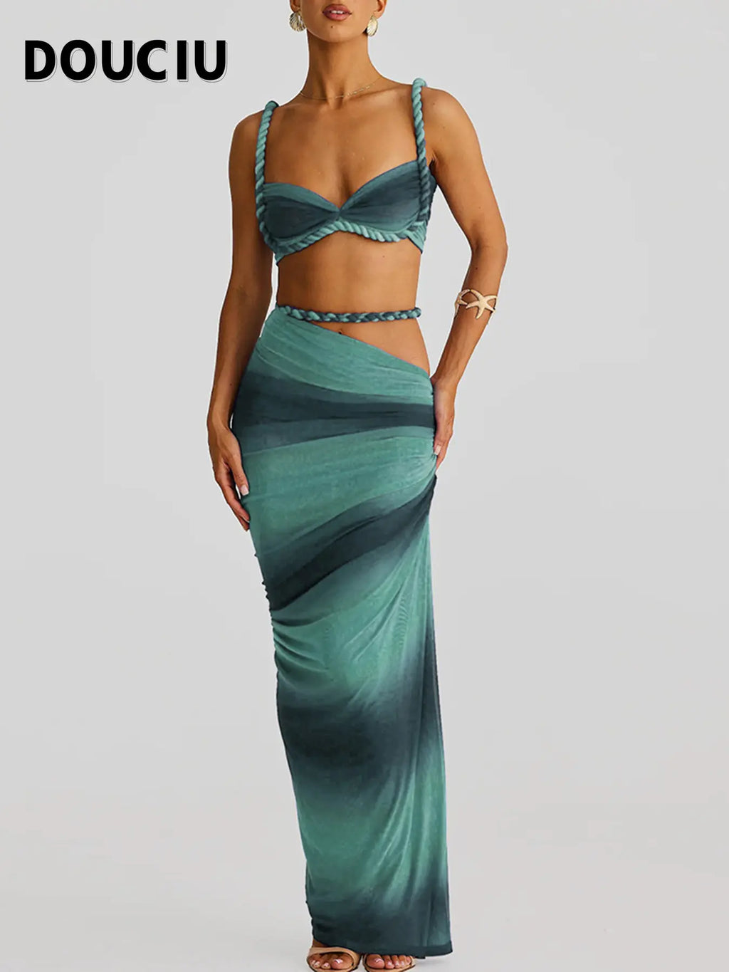 DOUCIU Multicolor Summer Beach Vacation Cool Light Sexy Hot Thin Women's Top Twisted Spaghetti Strap Vest Skirt Two-Piece Set