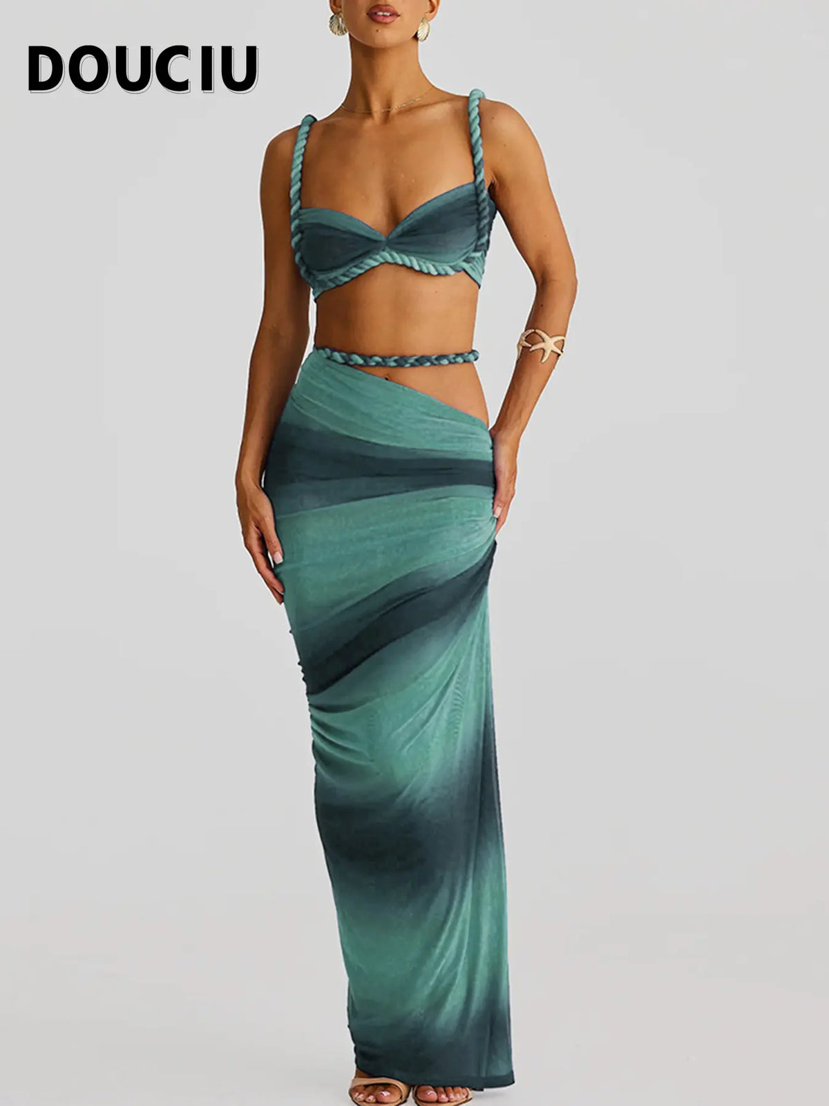 DOUCIU Multicolor Summer Beach Vacation Cool Light Sexy Hot Thin Women's Top Twisted Spaghetti Strap Vest Skirt Two-Piece Set
