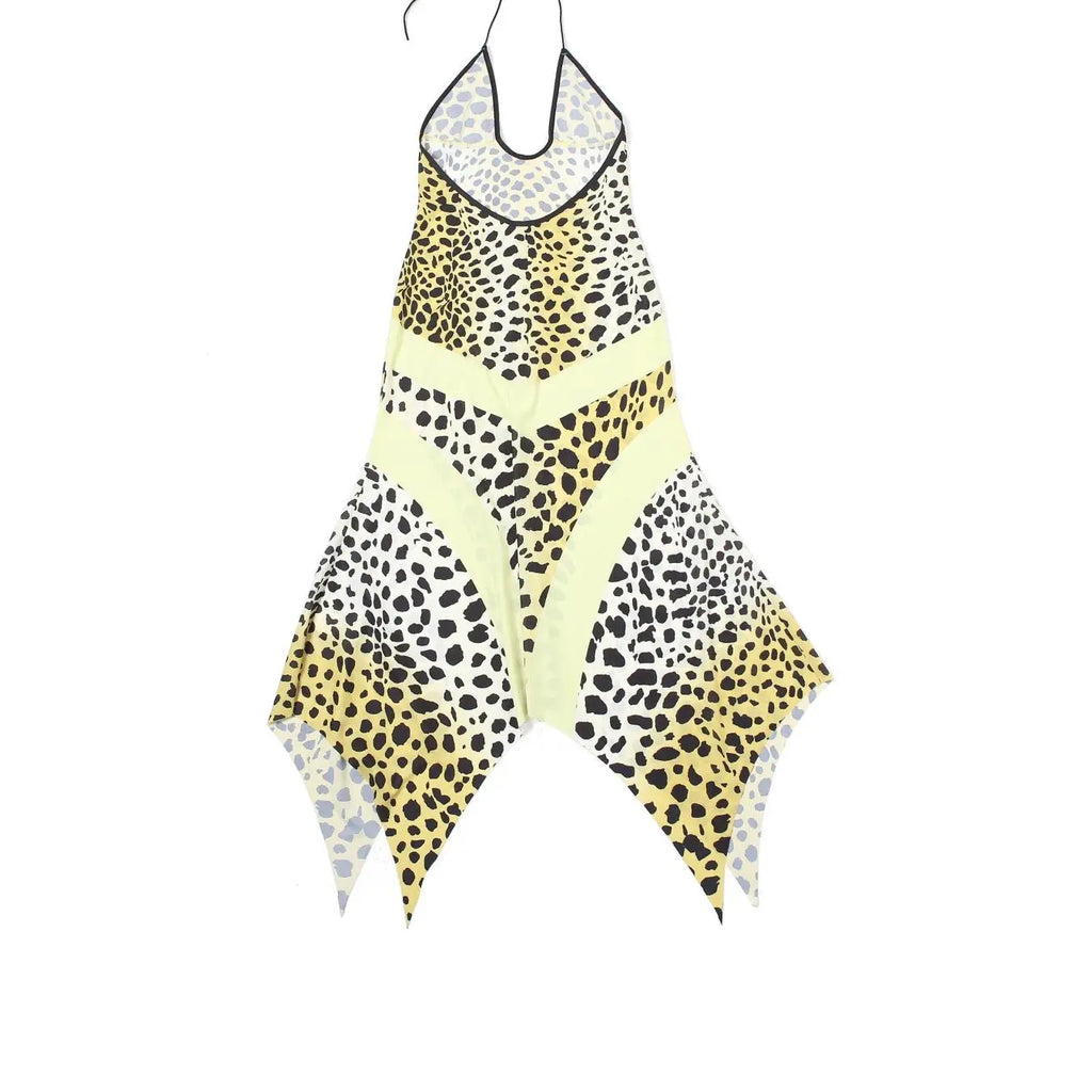 Women's Leopard Print Criss Cross Cut Out Halter Neck Dress, Casual Trendy Boho Asymmetrical Hem Sleeveless A Line Long Dress for Summer, Beach Holiday, Casual Fashionable Dress