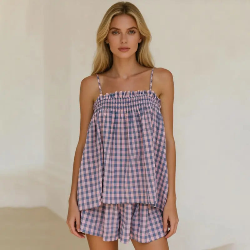 Women's 2 Piece Lounge Outfits Sleeveless Plaid Cami Tank Tops Wide Leg Shorts Sets