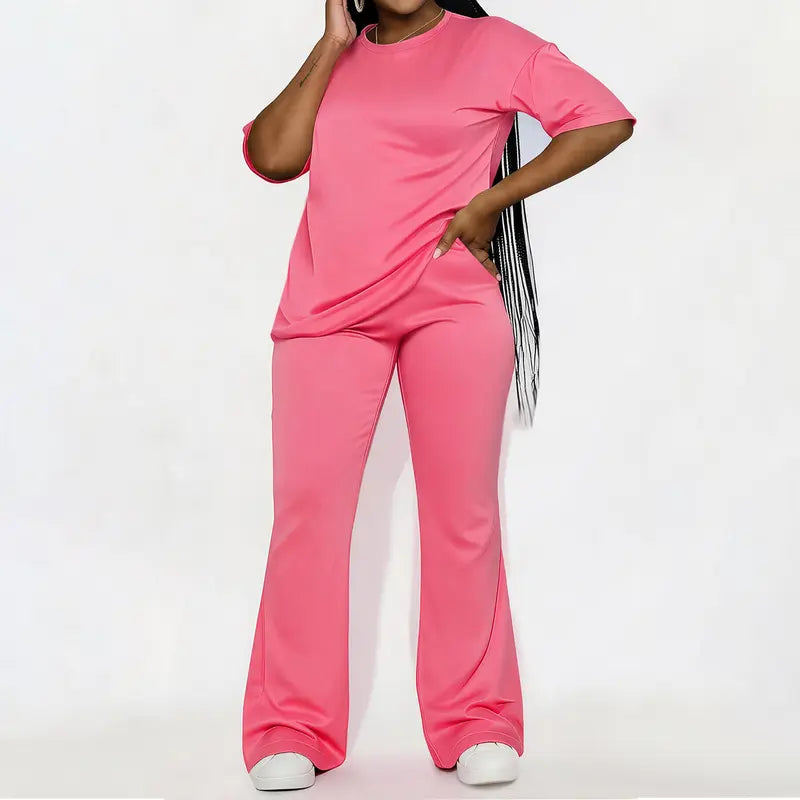 Women's Solid Drop Shoulder 2-Piece Set - Half Sleeve Crewneck (Round Neck) Fitted Minimalist Tee & Pants, Casual Cozy Womenswear for Daily Outdoor Fall Wear, Casual Women's Set Suits Basic Shortsleeve Clothes, Matching Sets, Stylish Women's Wear