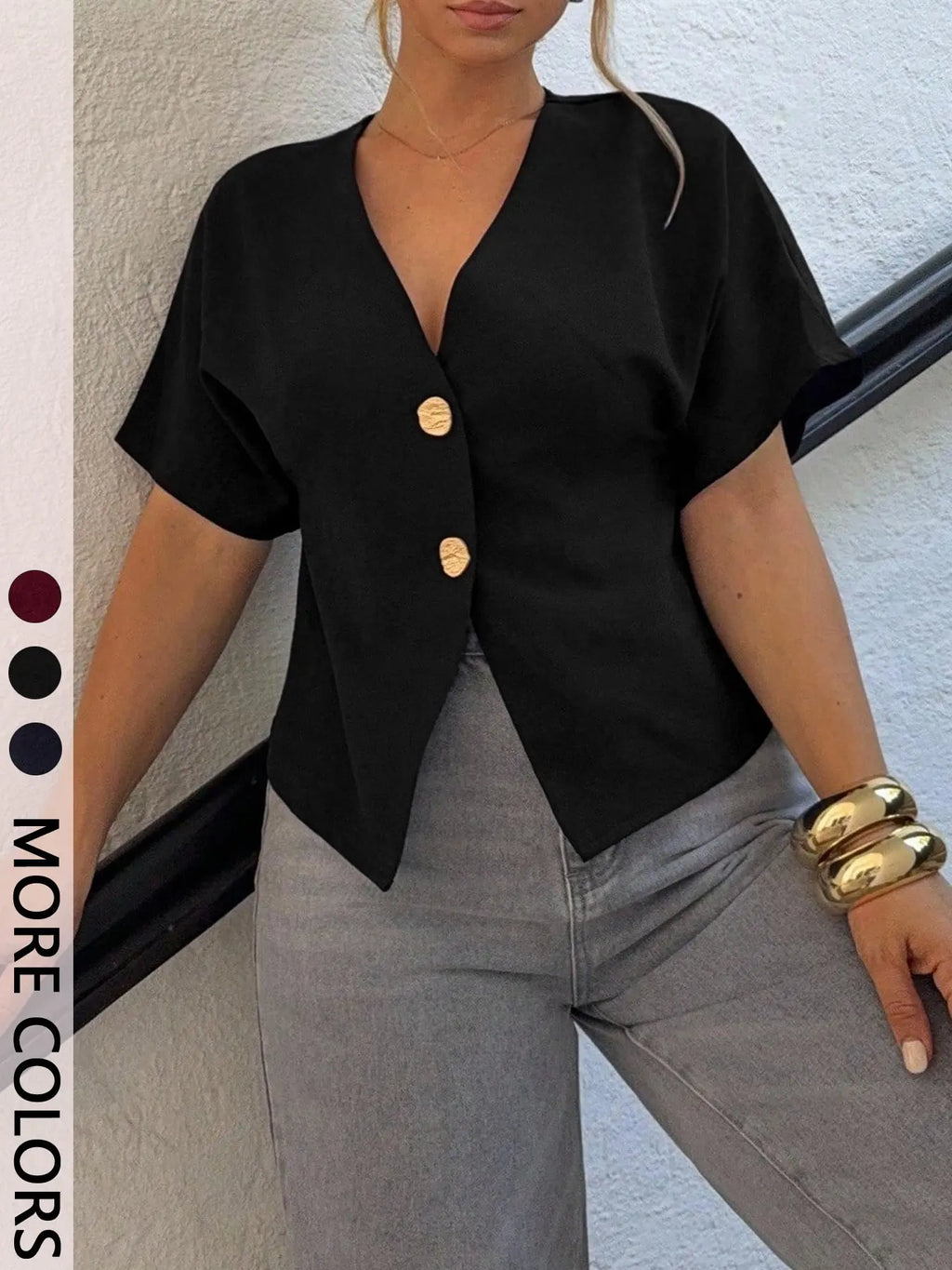 Women's Fitted V Neck Blouse Short Dolman Sleeves Asymmetric Hem Decorative Button Detail Cropped Silhouette Trendy Minimalist Aesthetic Style Perfect for Office Date Night Shirts Ara Top