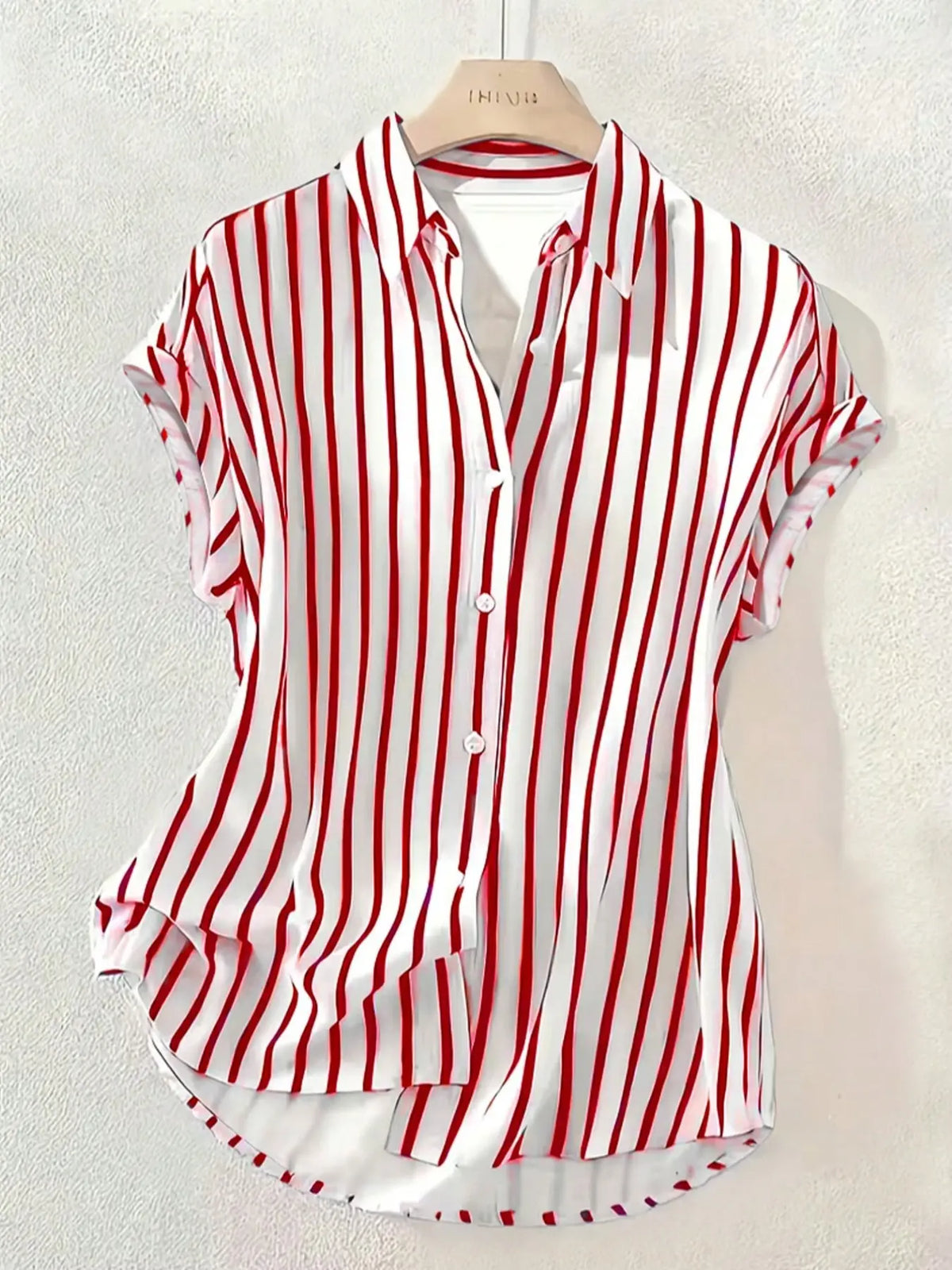 Women's Summer Striped, Single-Breasted Drop Shoulder Short Sleeve Shirt, Loose Tops, High-Low Hem Polyester Colorblock Button-Front Top