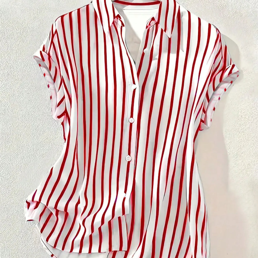 Women's Summer Striped, Single-Breasted Drop Shoulder Short Sleeve Shirt, Loose Tops, High-Low Hem Polyester Colorblock Button-Front Top