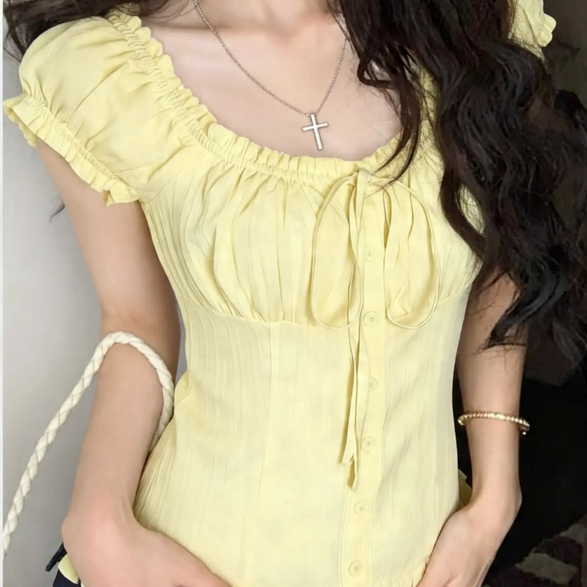 Women's Square Neck Puff Sleeve Button Front Blouse, Ruched Detail Ruffle Hem Slim Fit, Elegant Casual Daily Work Wear
