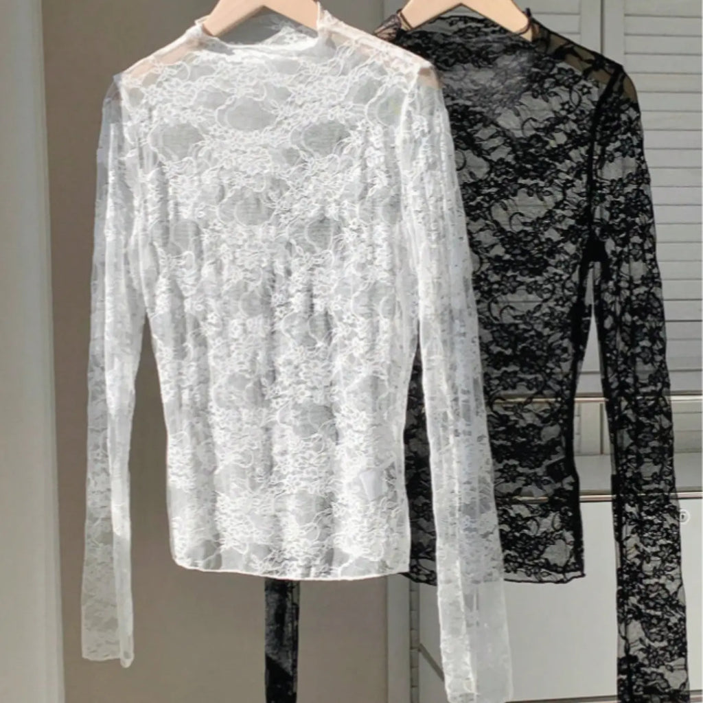 Women's 2-Pack Lace & Mesh Long-Sleeve Fitted Sexy Breathable Blouse Tops, Shirts, Casual Breathable Elegance, Elegant, Chic, Stylish and Comfortable Fit, Perfect for Casual Wear, Blouses Shirts Tops, Womenswear