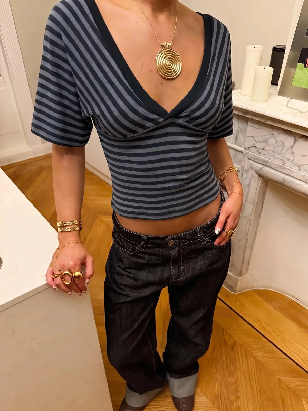 Striped V-Neck Wrap Top, Form-Fitting Puff Sleeve Y2K Crop Blouse, Stylish, Comfortable and Fashion Piece for Everyday Wear, Casual Everyday Tops