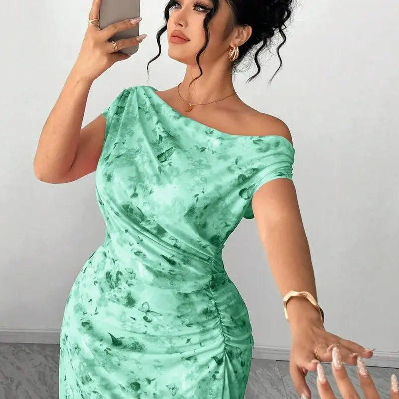 ZENIE Plus Size Elegant Date Night Off Shoulder Cinched Waist Floral A Line Maxi Dress Party Outfit