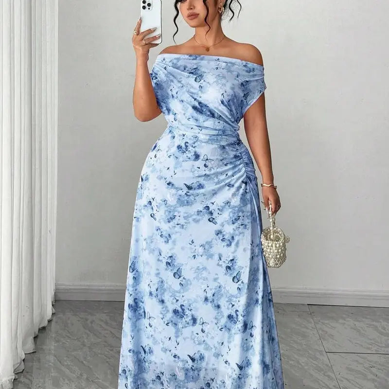 ZENIE Plus Size Elegant Date Night Off Shoulder Cinched Waist Floral A Line Maxi Dress Party Outfit