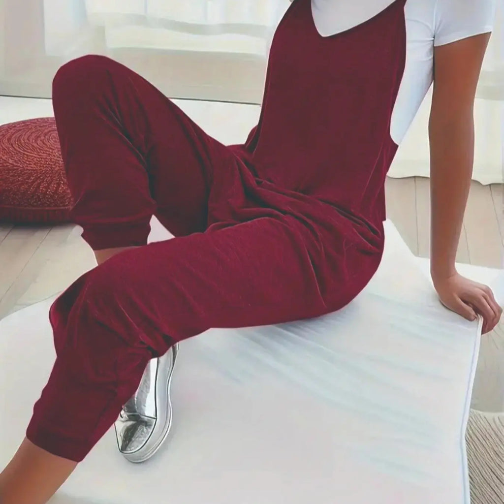 Women's Plain Pocket V Neck Baggy Fit Overalls Jumpsuit without Tee, Casual Sleeveless Spaghetti Strap Cami Overalls Jumpsuit with Medium Stretch for Summer Daily Wear, Ladies Clothes for All Seasons, Casual Fashion Jumpsuit